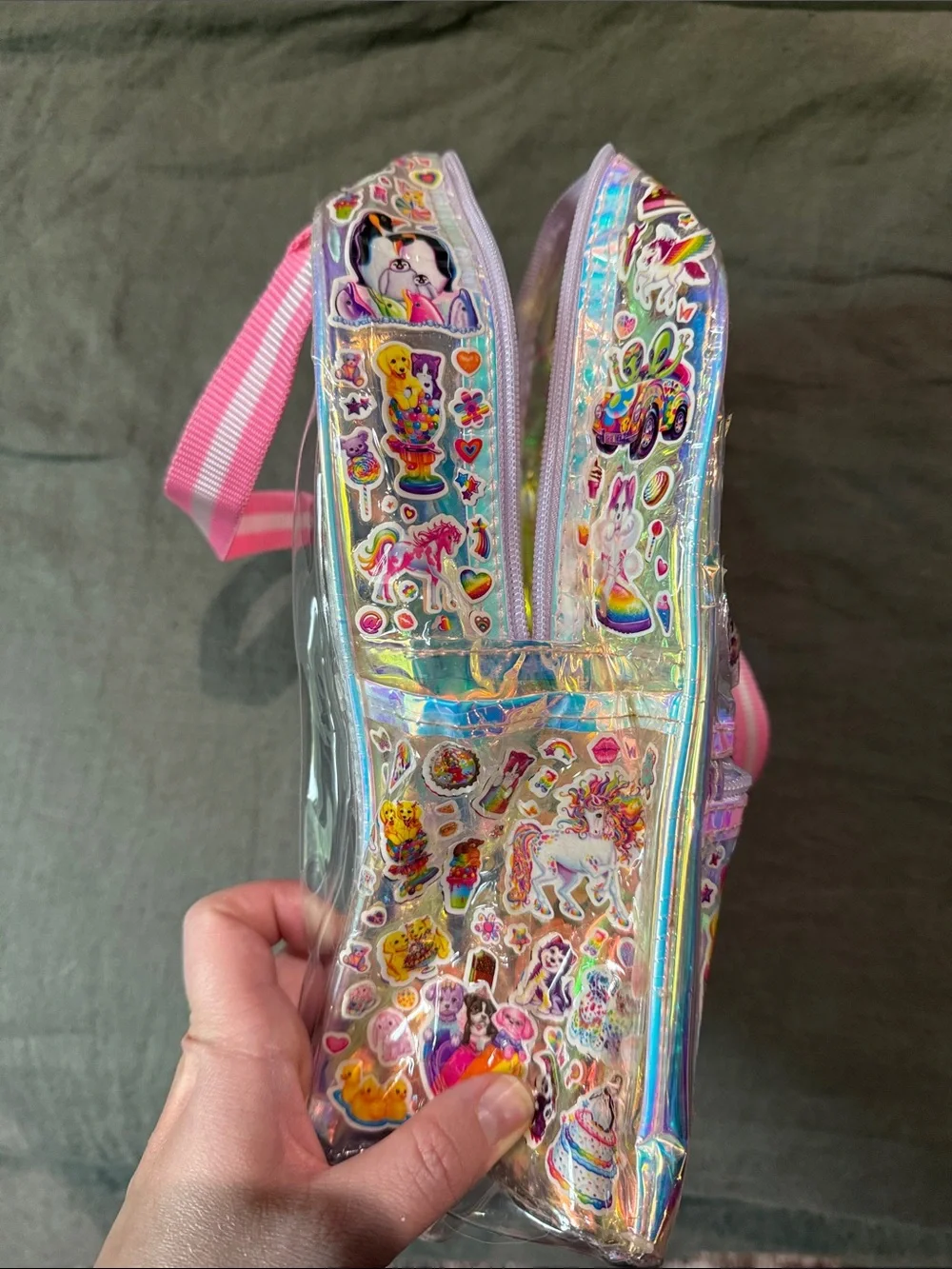 Custom Lisa frank Kids Clear Holographic Pink Backpack with Rainbow Charm